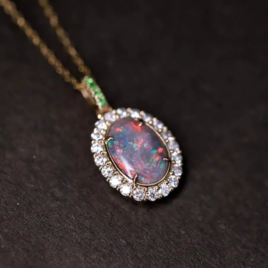 0.33ct Halo Diamond Tsavorite Black Opal Pendant Necklace 18k Yellow Gold