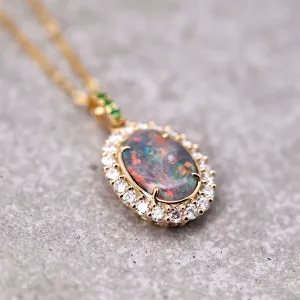 0.33ct Halo Diamond Tsavorite Black Opal Pendant Necklace 18k Yellow Gold