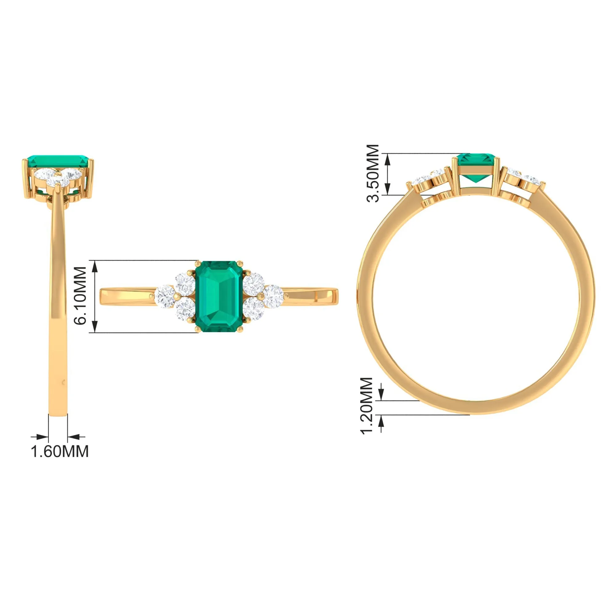 1 CT Octagon shape Emerald Engagement Ring with Diamond Trio