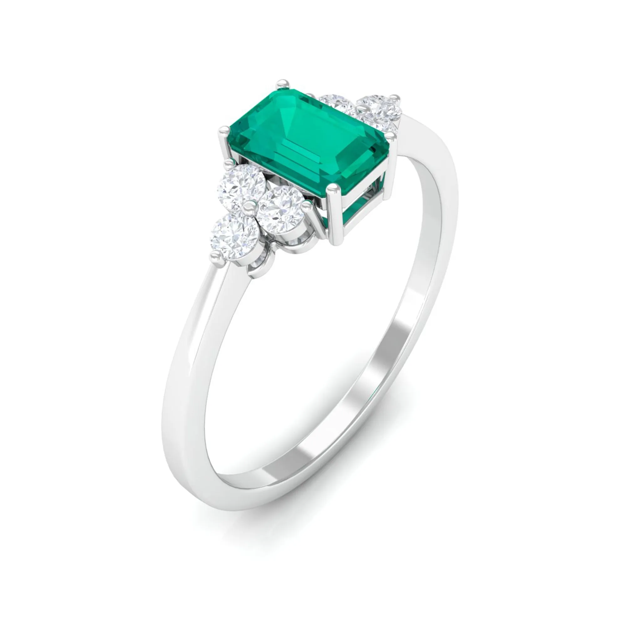 1 CT Octagon shape Emerald Engagement Ring with Diamond Trio