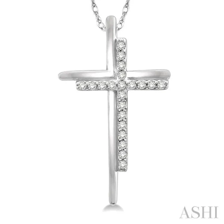 1/10 Ctw Double Cross Round Cut Diamond Pendant With Link Chain in 10K White Gold