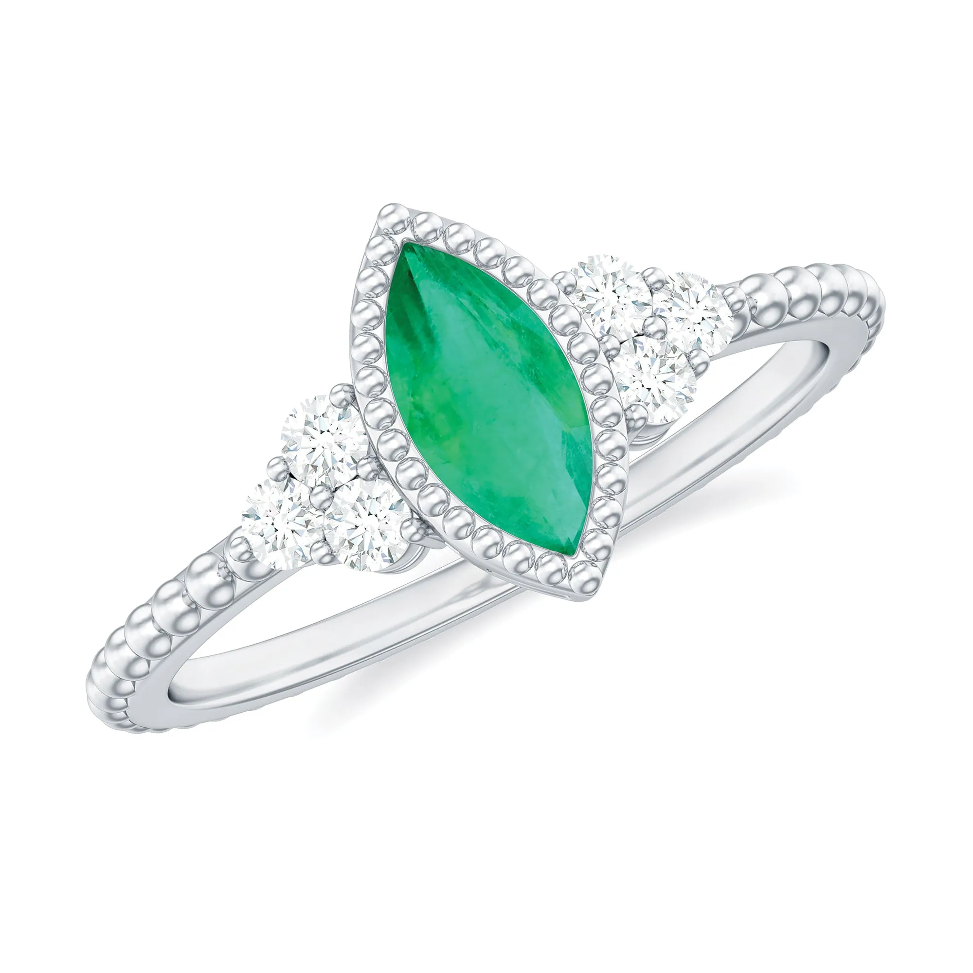 1.25 CT Bezel Set Emerald Solitaire Promise Ring with Diamond Trio