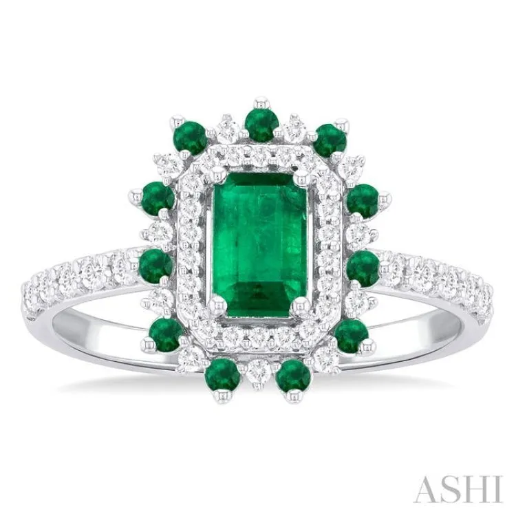 1/3 ctw Floral 6X4 MM Emerald & 1.5 MM Round Cut Ruby and Round Cut Diamond Precious Ring in 14K White Gold