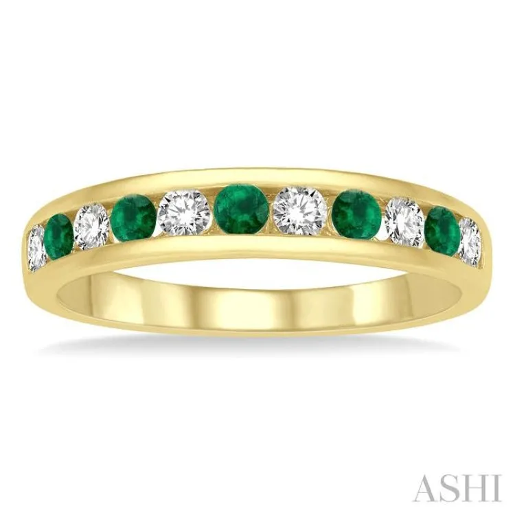 1/4 ctw Round Cut Diamond and 2.3MM Emerald Precious Wedding Band in 14K Yellow Gold