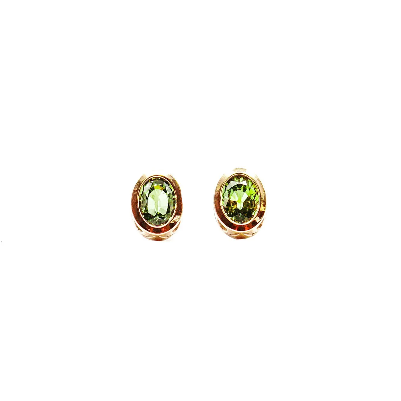 14K Rose Gold Green Oval Sapphire Bezel Stud Earrings