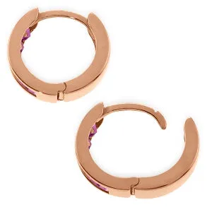 14K Solid Rose Gold Hoop Huggie Earrings w/ Pink Sapphires