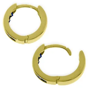 14K Solid Yellow Gold Hoop Huggie Earrings w/ Sapphires