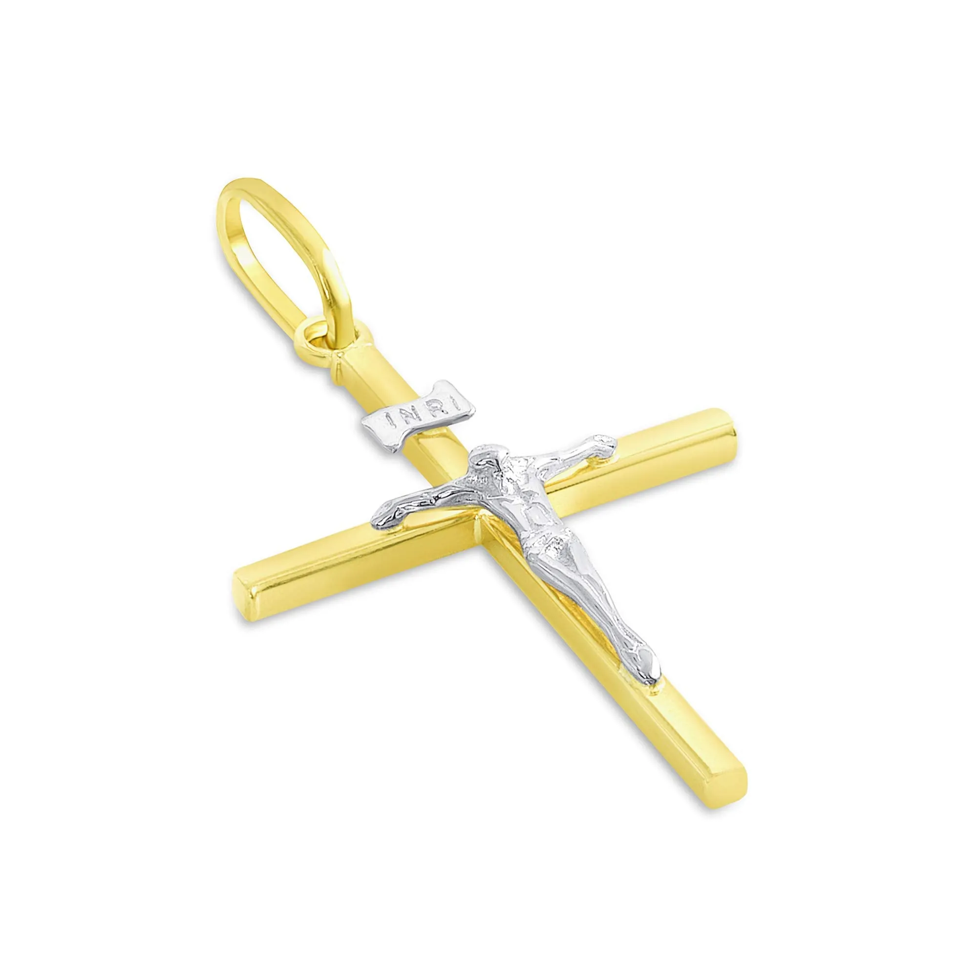 14k Two-Tone Gold Simple Catholic INRI Jesus Crucifix Pendant with Figaro Chain Necklace