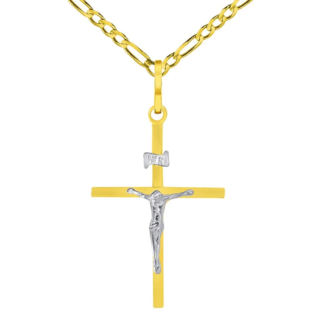 14k Two-Tone Gold Simple Catholic INRI Jesus Crucifix Pendant with Figaro Chain Necklace