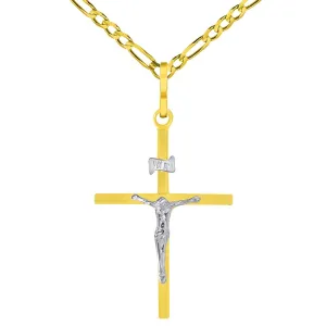 14k Two-Tone Gold Simple Catholic INRI Jesus Crucifix Pendant with Figaro Chain Necklace