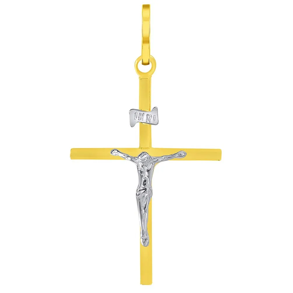 14k Two-Tone Gold Simple Catholic INRI Jesus Crucifix Pendant with Figaro Chain Necklace