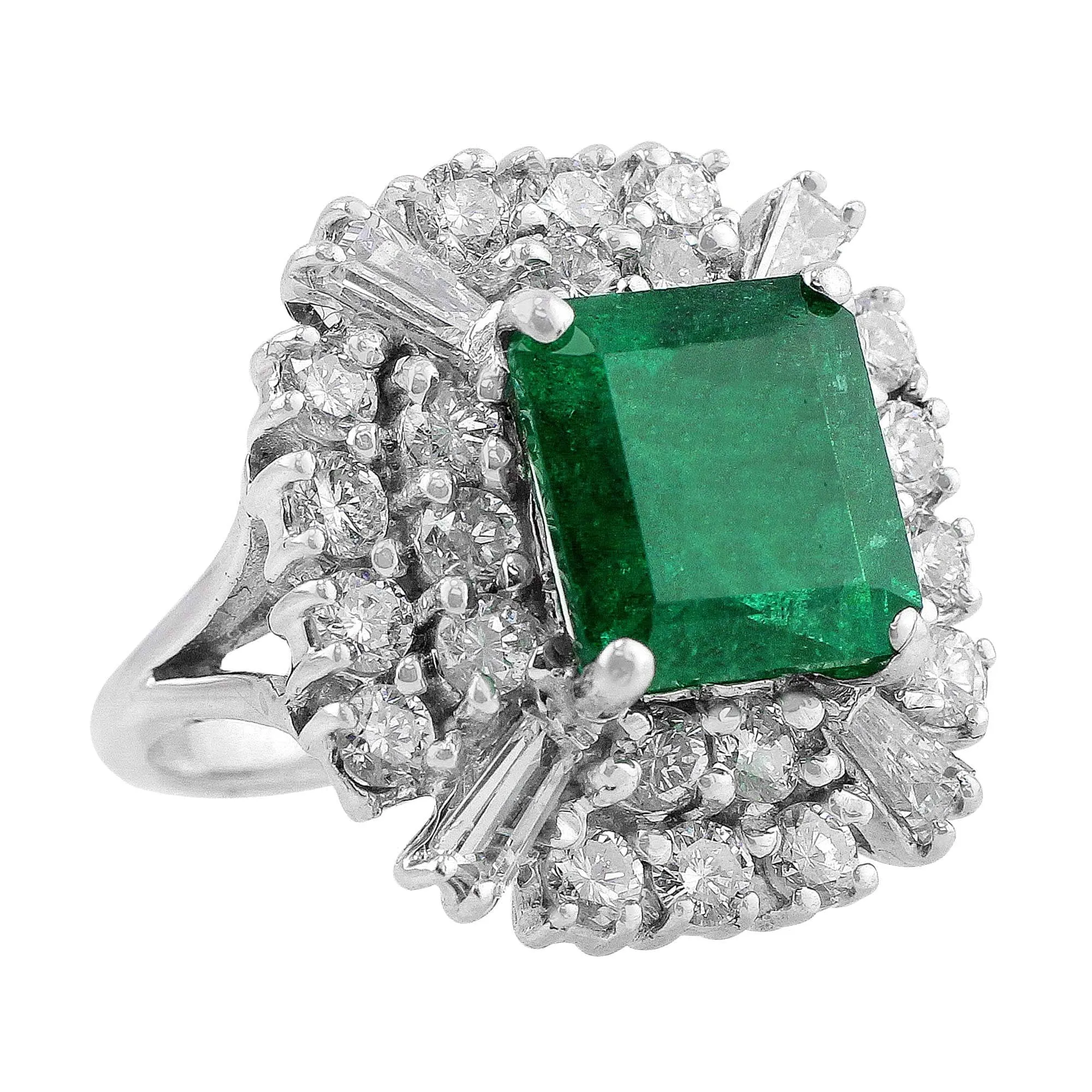 14k White Gold 4ct Emerald Diamond Estate Ring