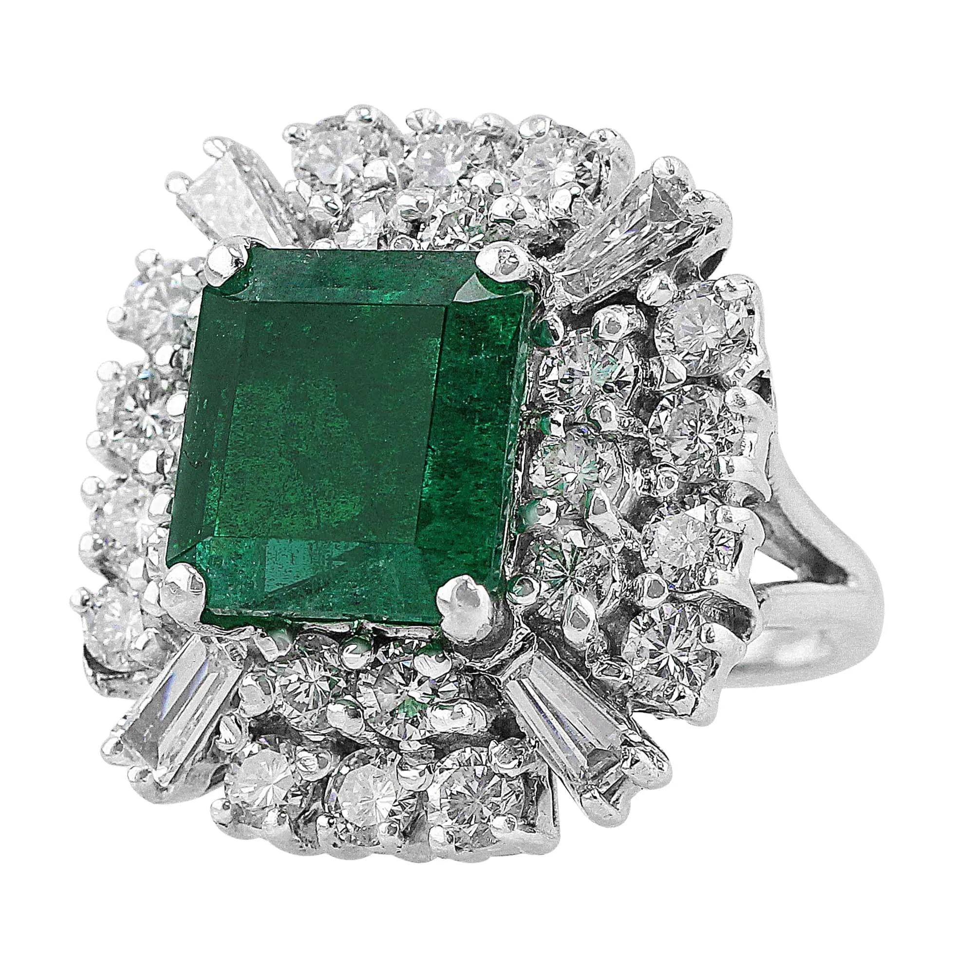 14k White Gold 4ct Emerald Diamond Estate Ring