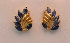 14K yellow gold blue sapphire post earrings with one diamond