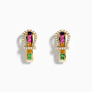 14K Yellow Gold Multi Color Sapphire and Diamond Horseshoe Hoop Earrings