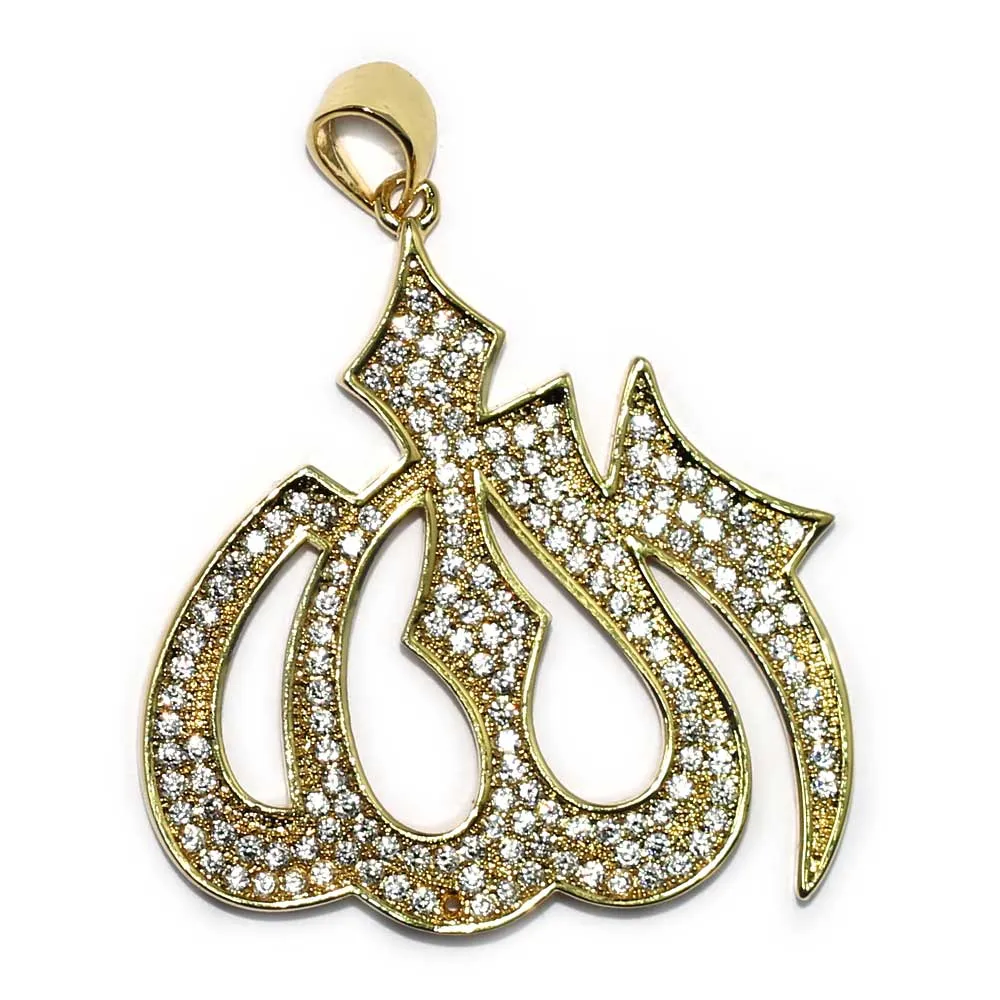 18k Gold Plated CZ Allah Pendant with 1.5mm Flat Franco Box Chain