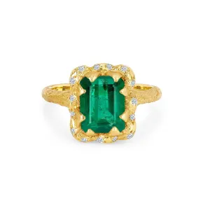 18k Queen Emerald Cut Emerald Ring with Sprinkled Diamonds