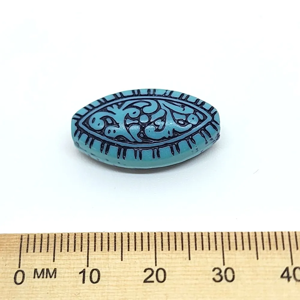 19x14mm Flat Oval (10) - Turquoise w. Black - South Western Style Vintage Beads