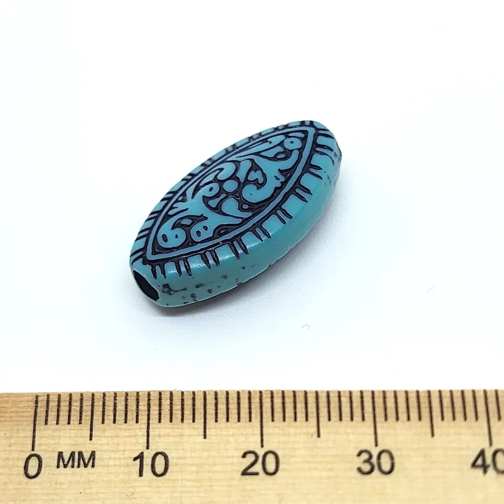 19x14mm Flat Oval (10) - Turquoise w. Black - South Western Style Vintage Beads