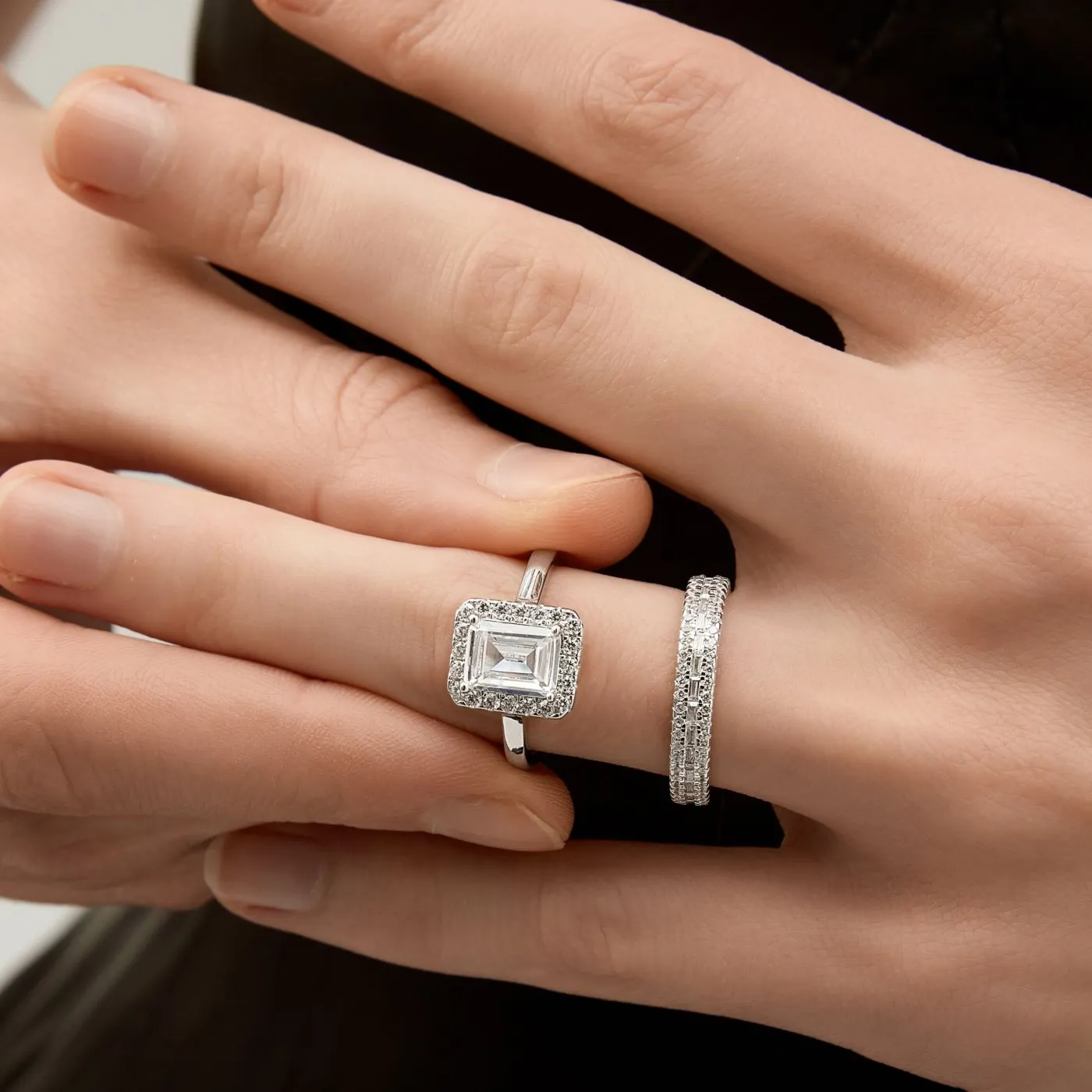 2 Carat Emerald Cut Halo 2 Pcs Bridal Set Rings