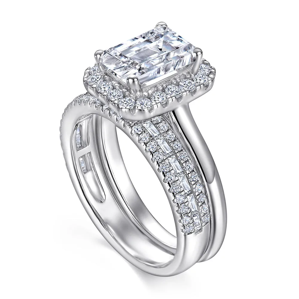 2 Carat Emerald Cut Halo 2 Pcs Bridal Set Rings