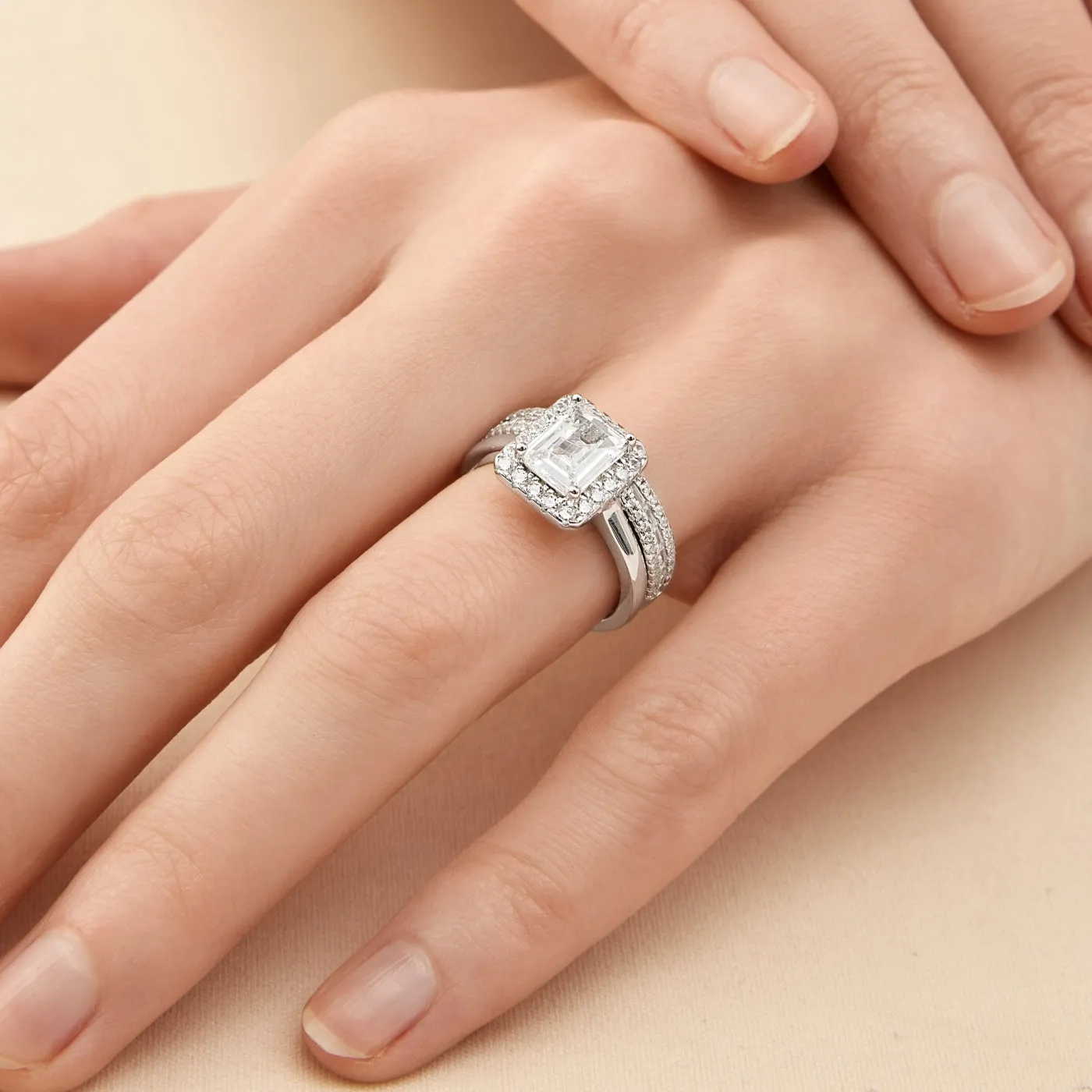 2 Carat Emerald Cut Halo 2 Pcs Bridal Set Rings