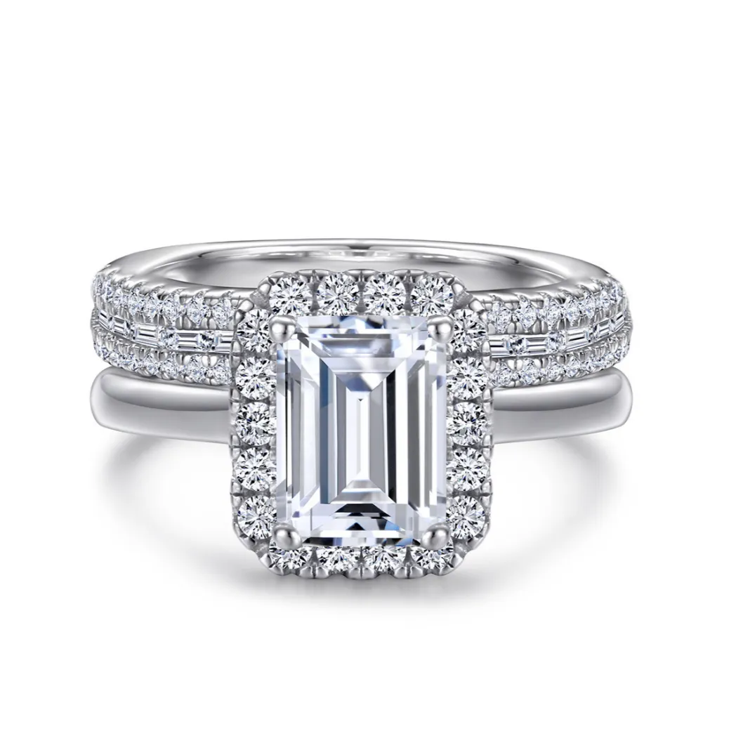 2 Carat Emerald Cut Halo 2 Pcs Bridal Set Rings