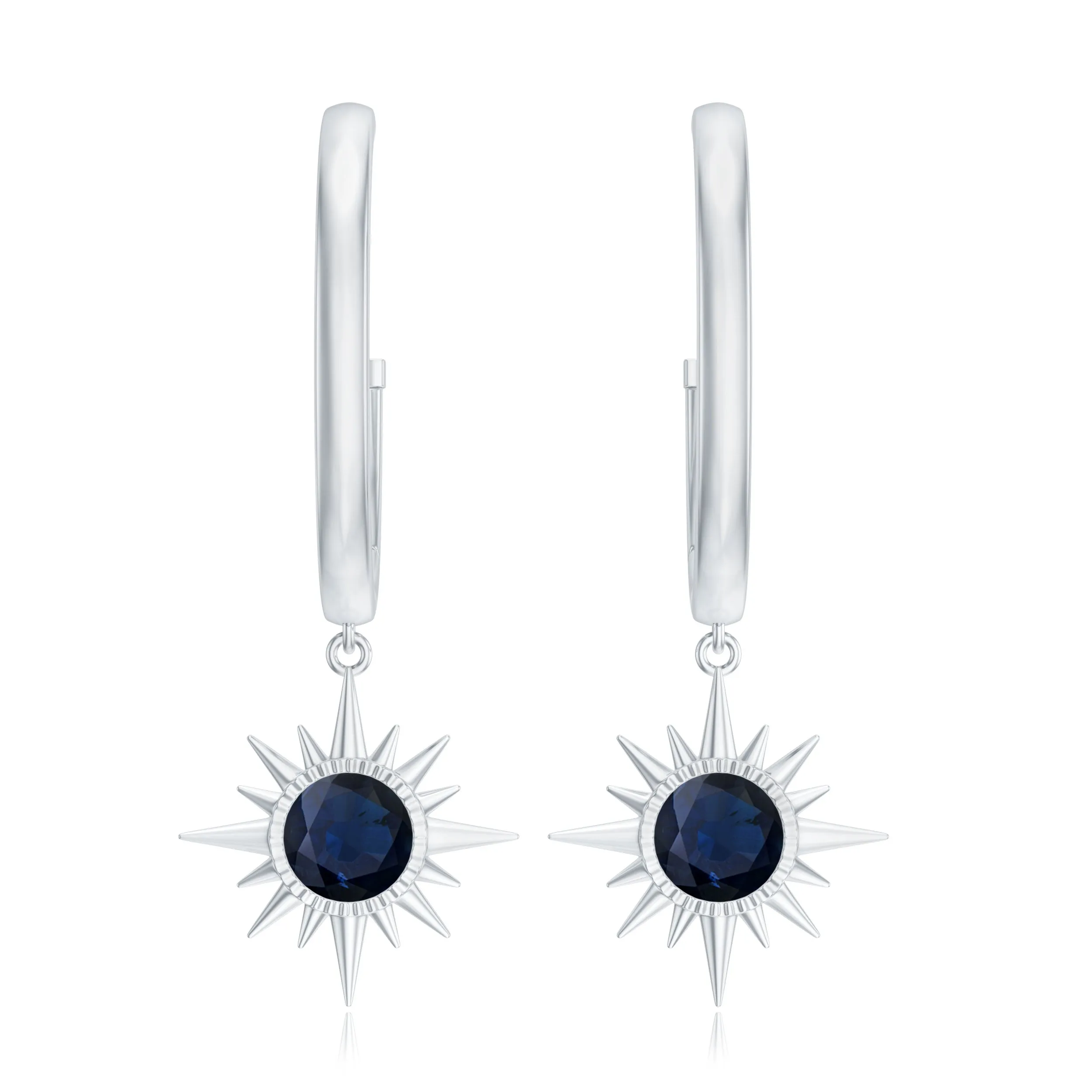 3/4 CT Milgrain Bezel Set Blue Sapphire Sunburst Drop Hoop Earrings for Women