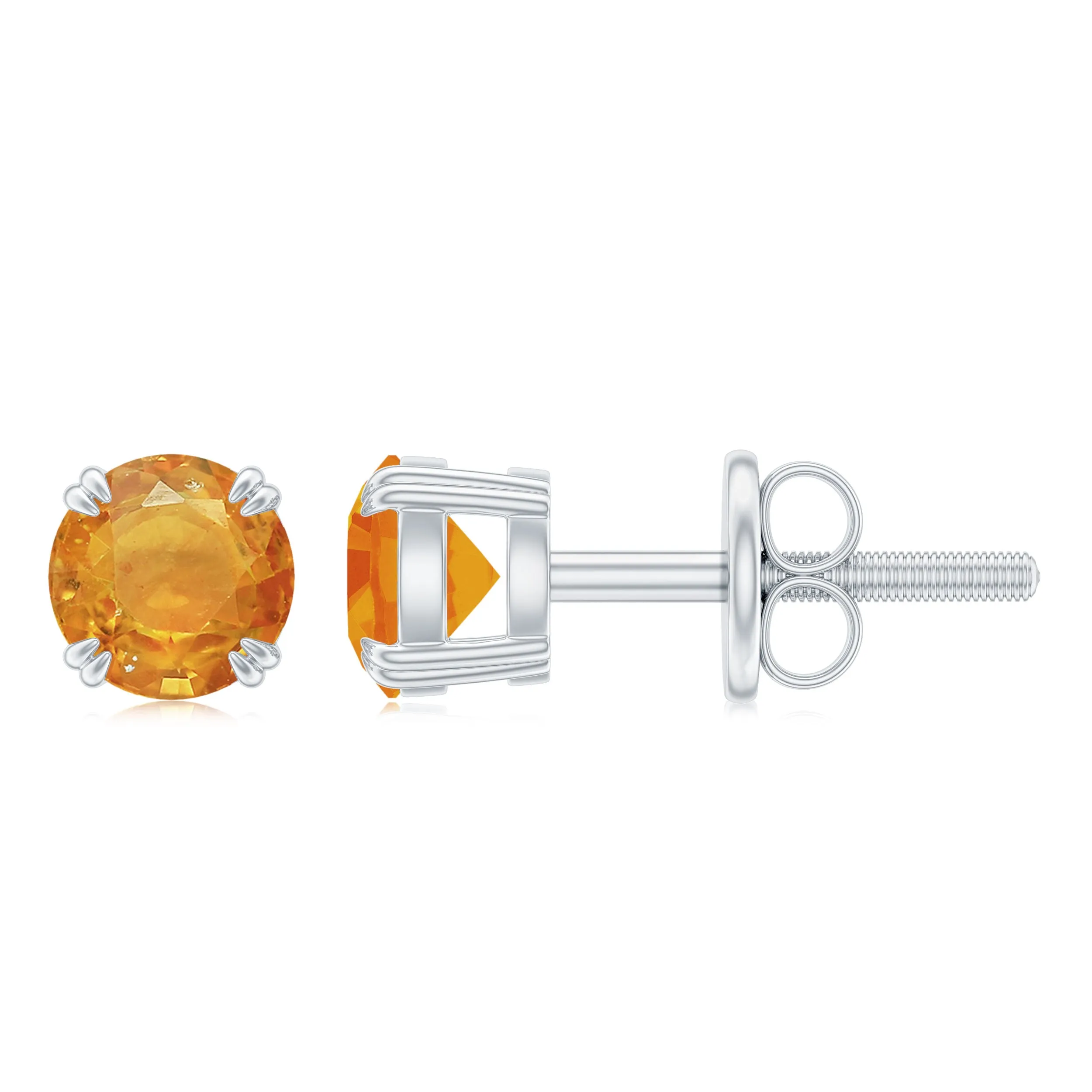 4 MM Genuine Orange Sapphire Solitaire Stud Earrings in Double Claw Prong Setting