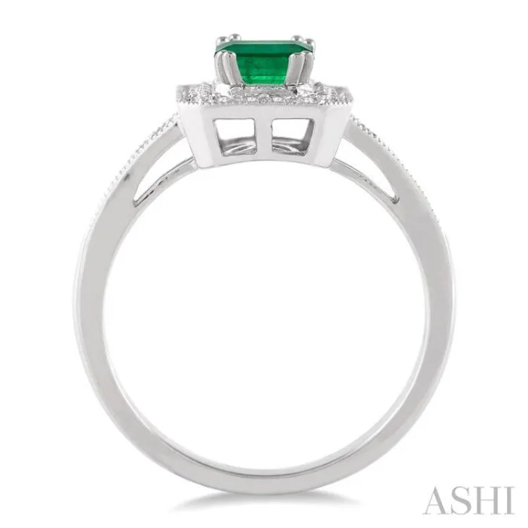 6x4 MM Octagon Cut Emerald and 1/4 Ctw Round Cut Diamond Ring in 14K White Gold