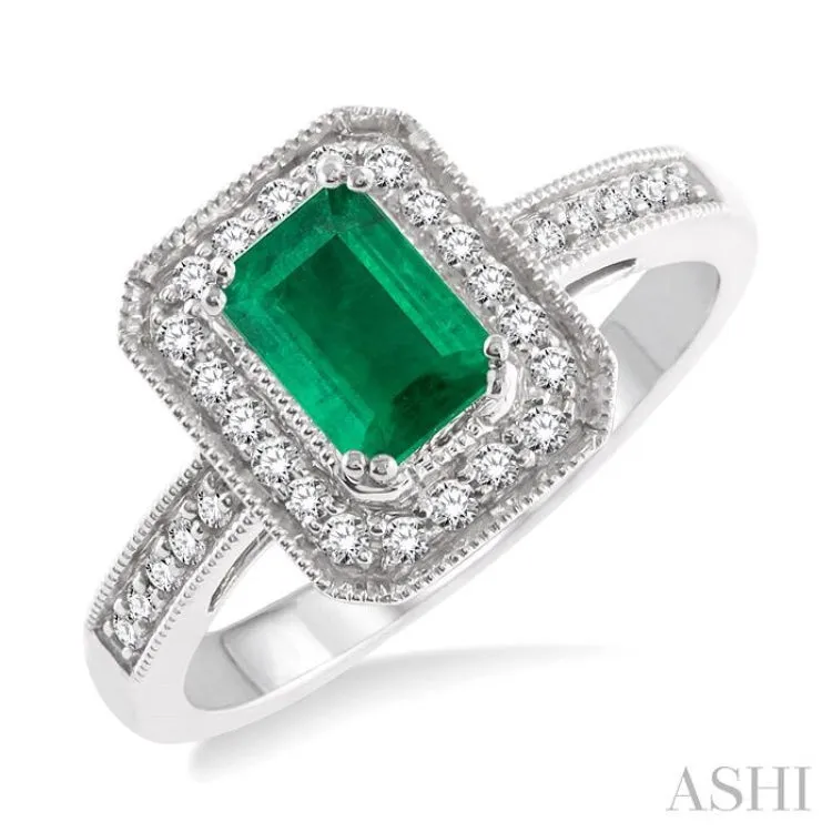 6x4 MM Octagon Cut Emerald and 1/4 Ctw Round Cut Diamond Ring in 14K White Gold