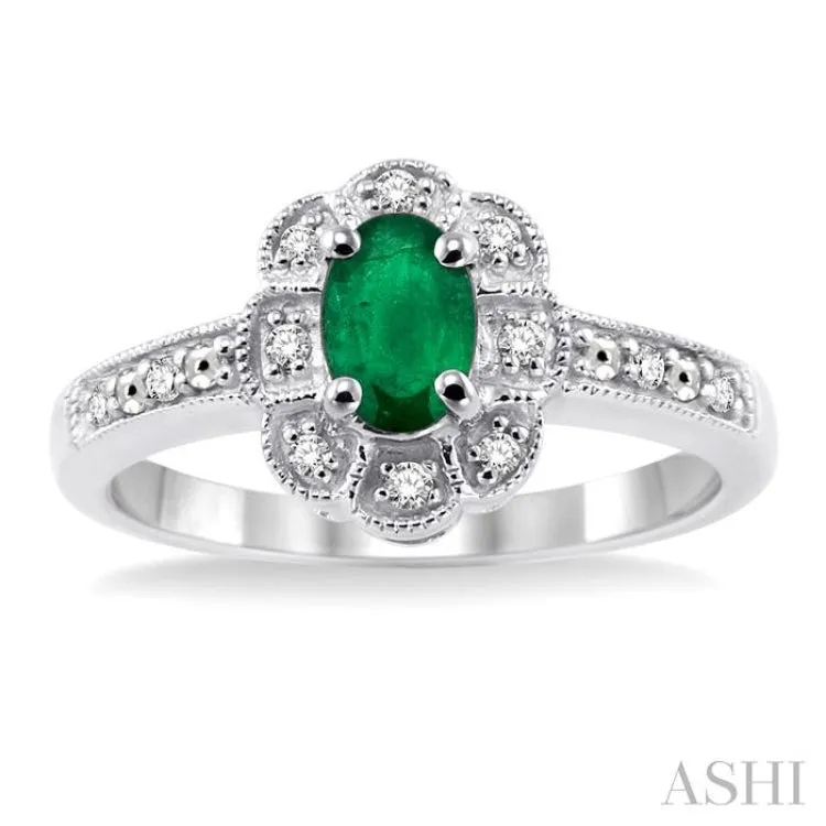 6x4  MM Oval Cut Emerald and 1/20 ctw Single Cut Diamond Ring in Sterling Silver