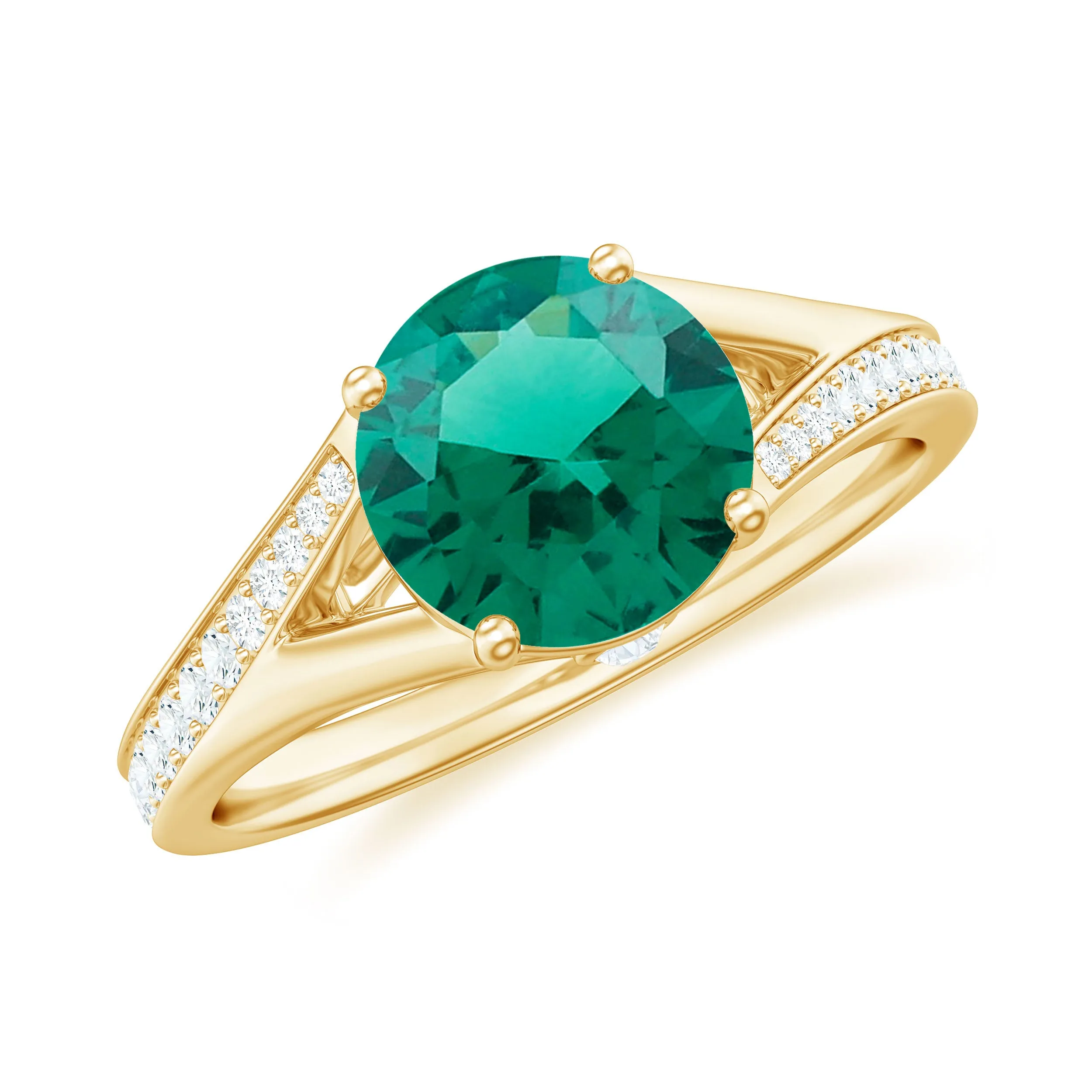 8 MM Created Emerald Solitaire Split Shank Ring with Diamond