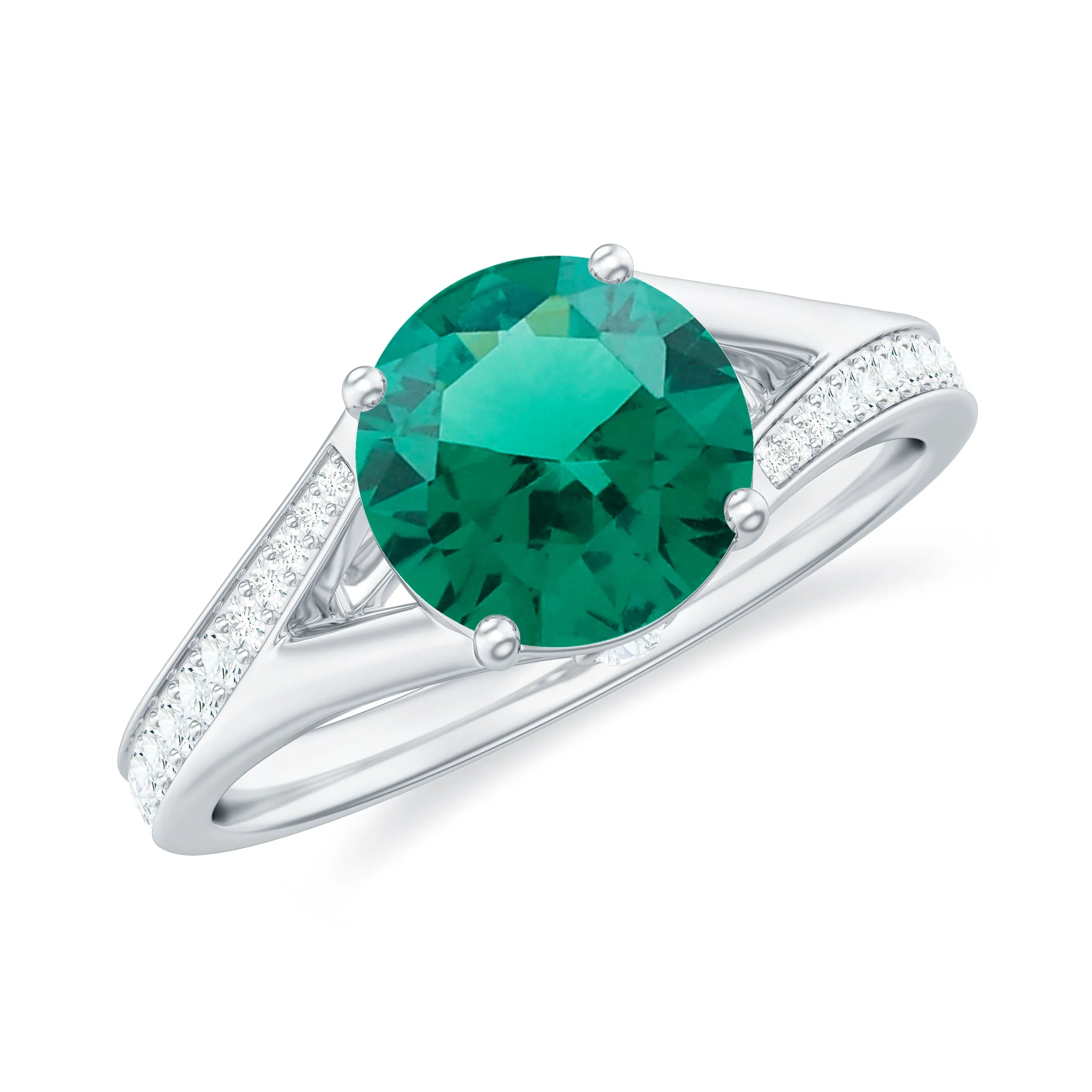 8 MM Created Emerald Solitaire Split Shank Ring with Diamond