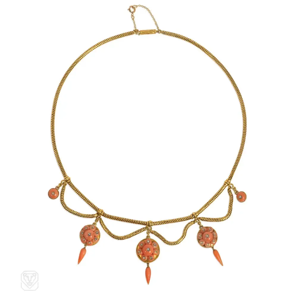 Antique coral and diamond swag necklace