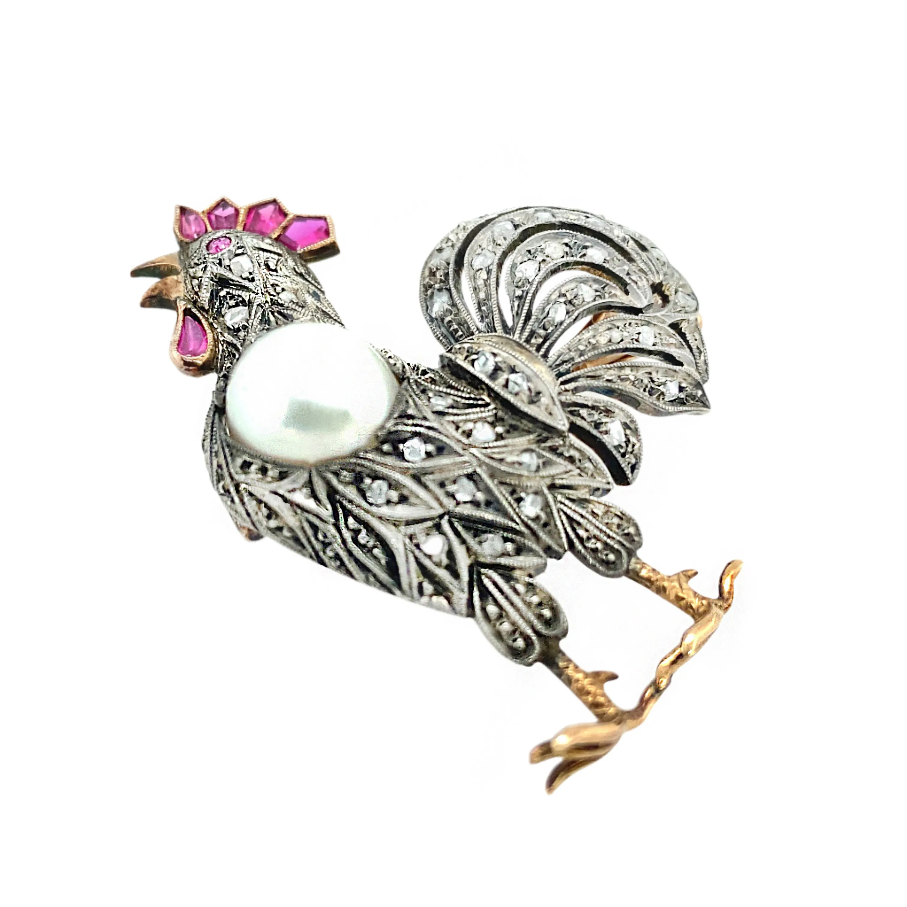 Antique gold, diamond and pearl rooster brooch