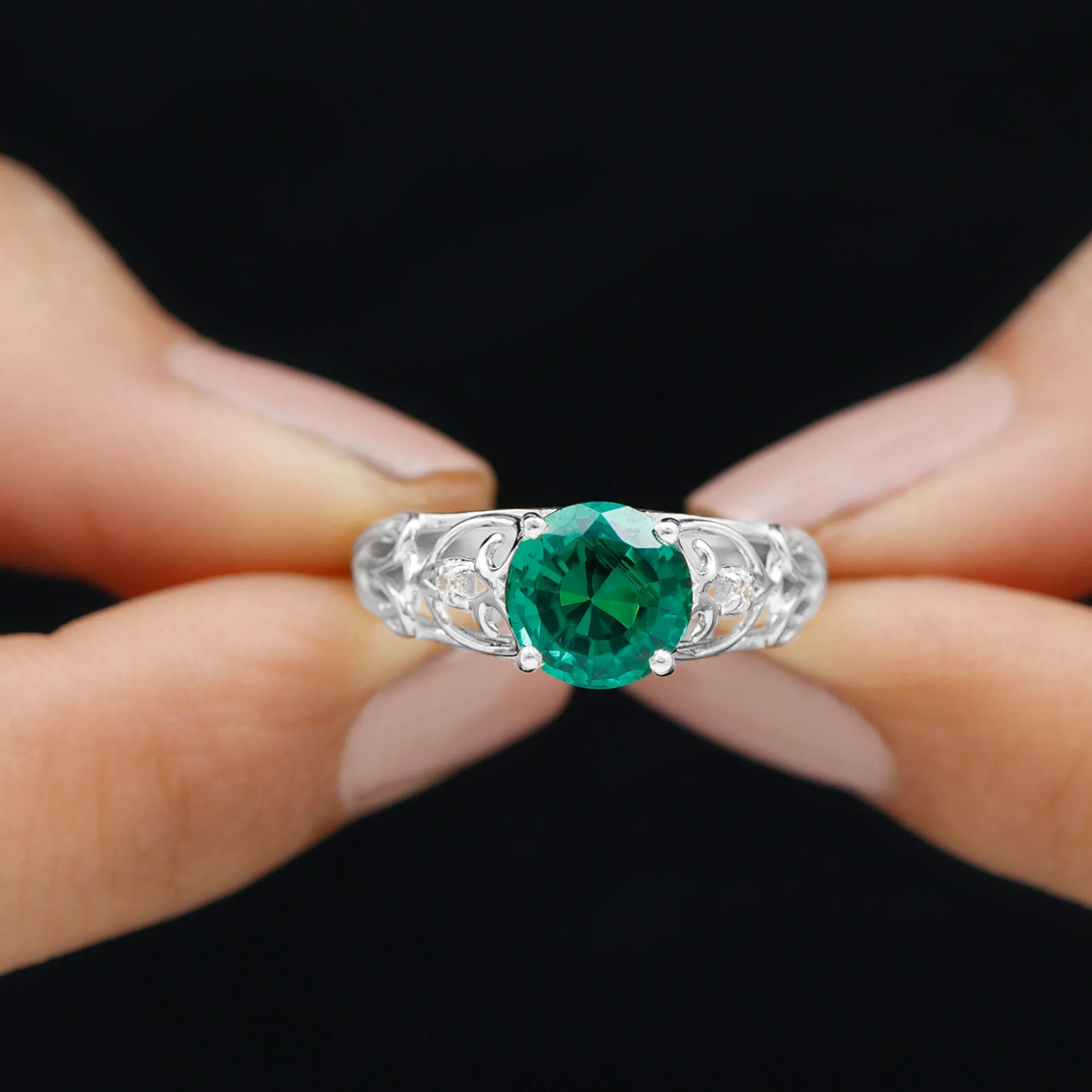 Antique Style Lab Grown Emerald and Diamond Solitaire Ring