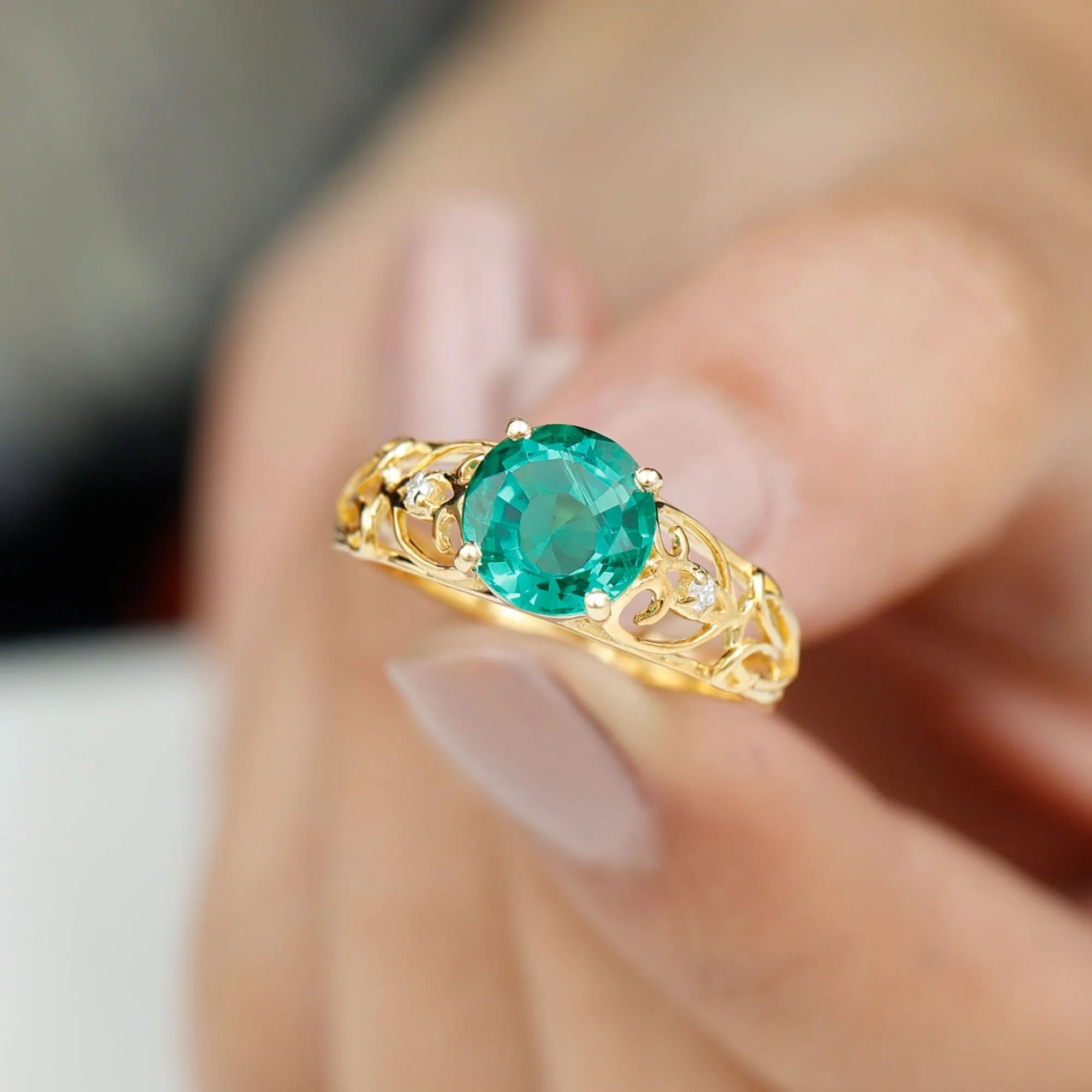 Antique Style Lab Grown Emerald and Diamond Solitaire Ring