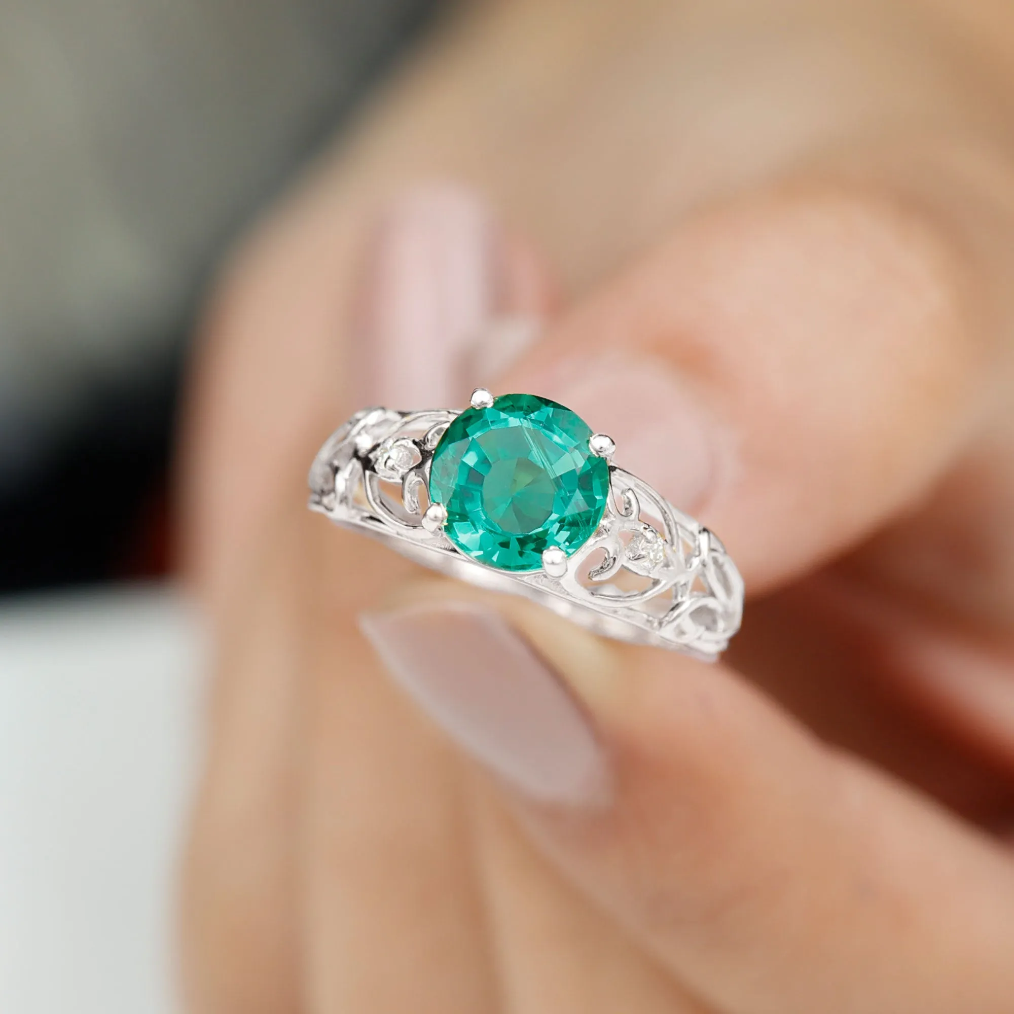 Antique Style Lab Grown Emerald and Diamond Solitaire Ring