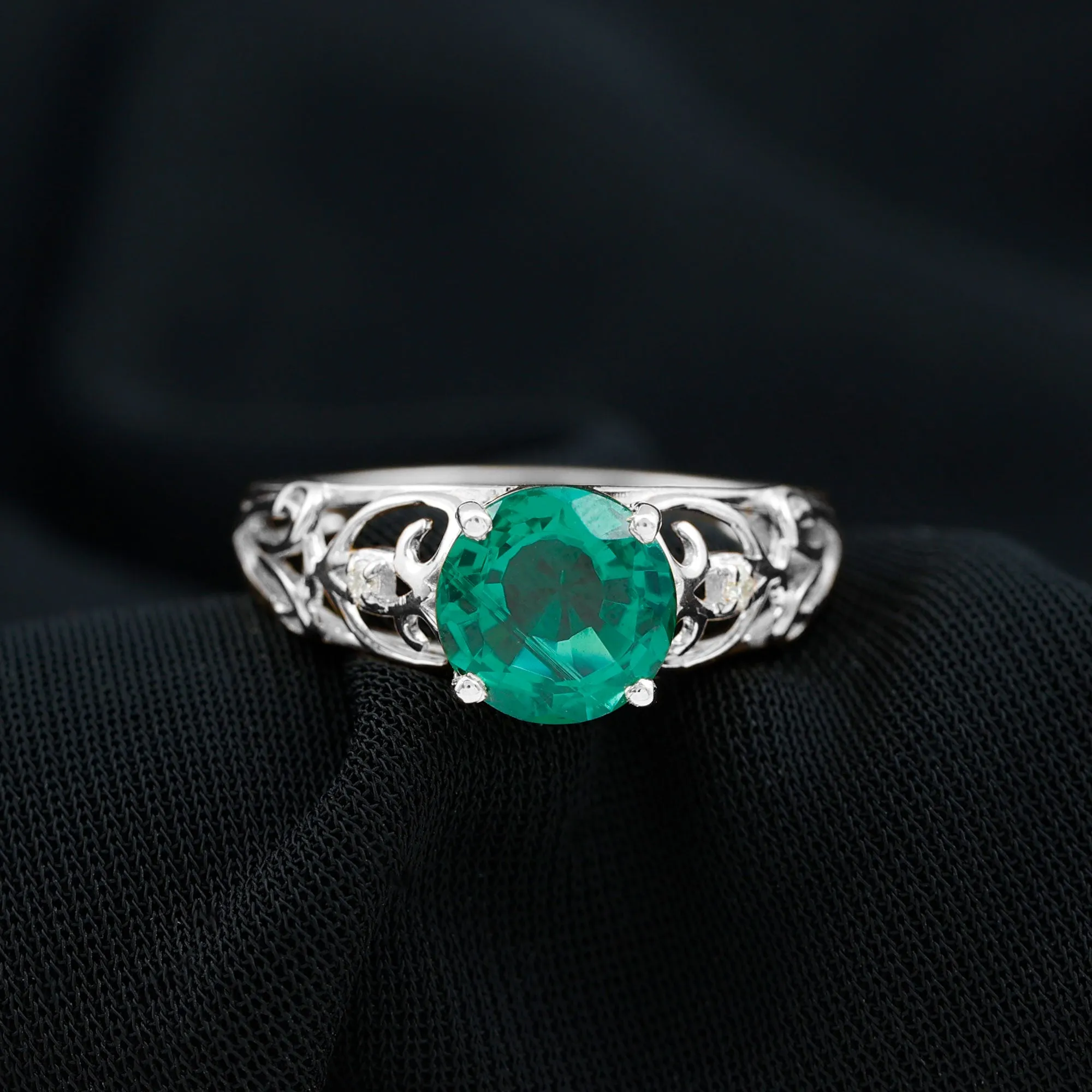 Antique Style Lab Grown Emerald and Diamond Solitaire Ring