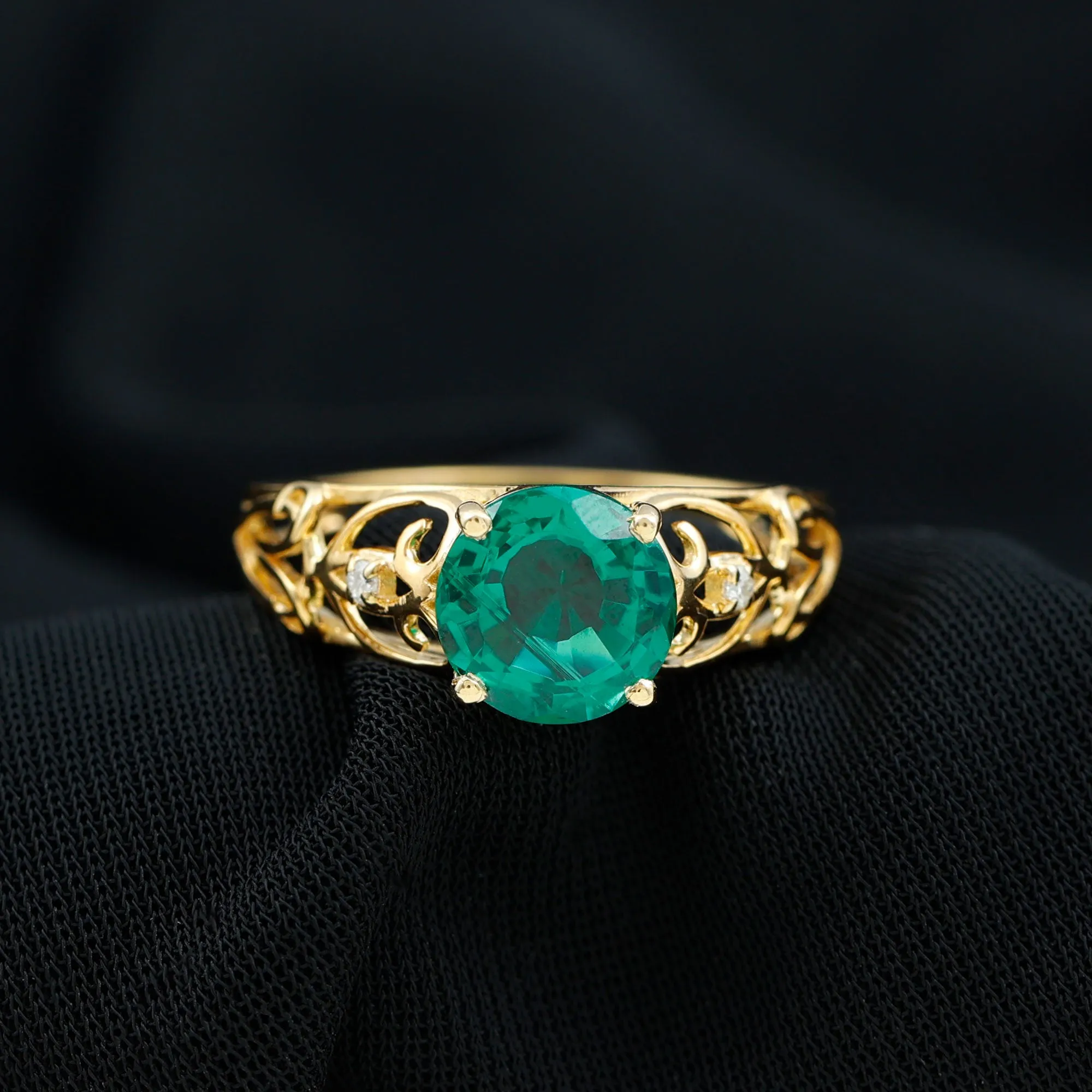 Antique Style Lab Grown Emerald and Diamond Solitaire Ring