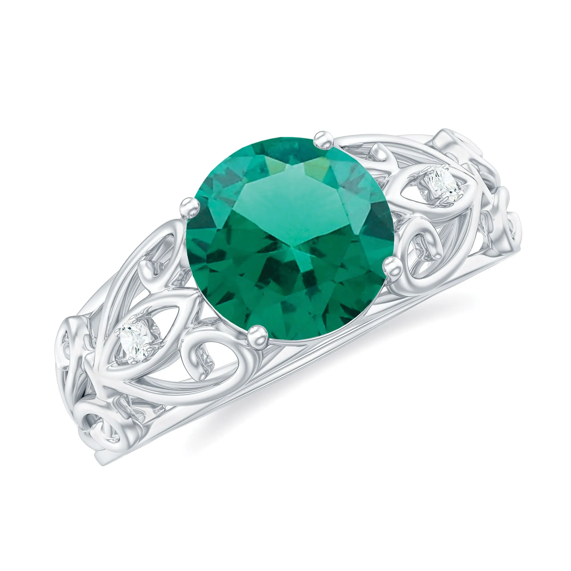 Antique Style Lab Grown Emerald and Diamond Solitaire Ring