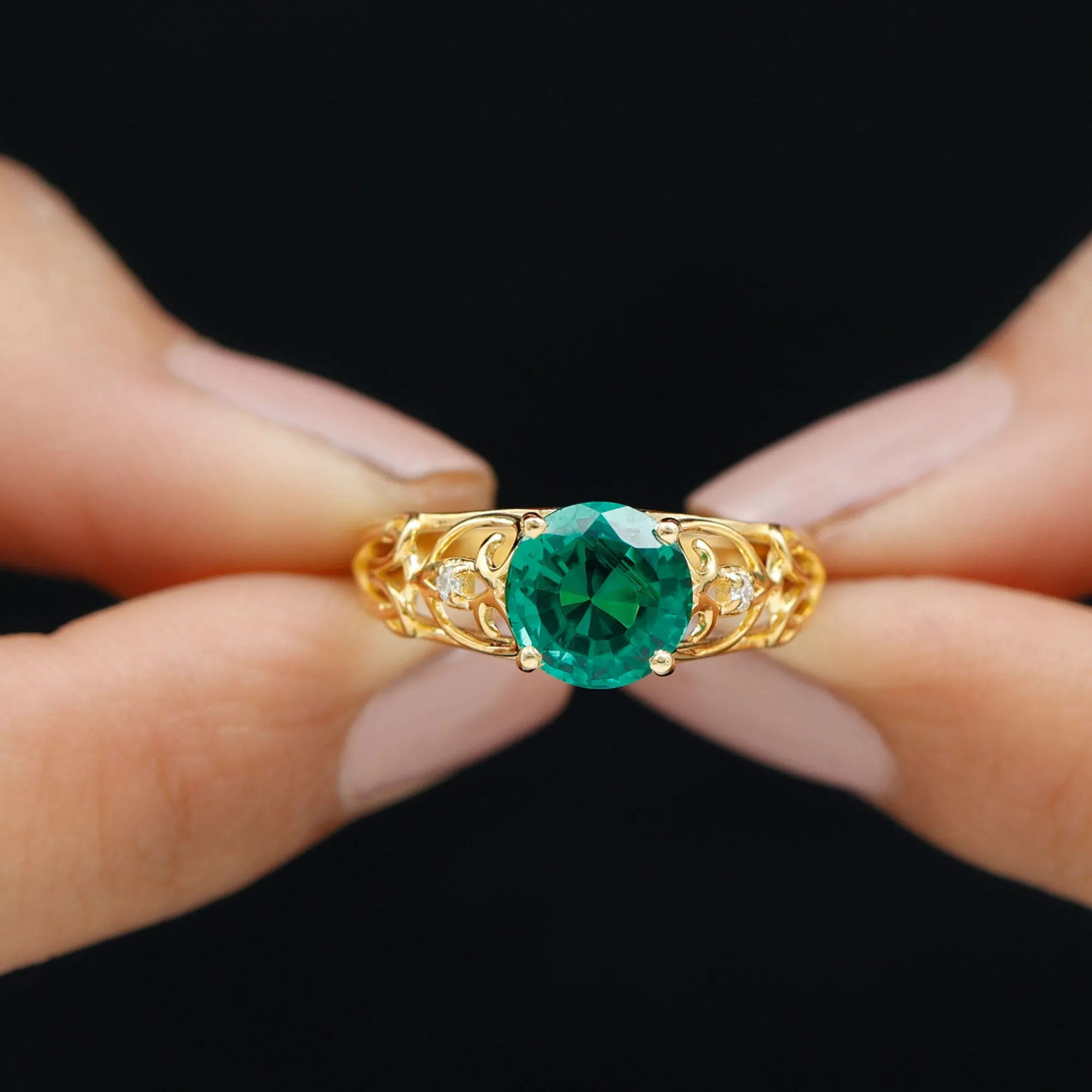 Antique Style Lab Grown Emerald and Diamond Solitaire Ring