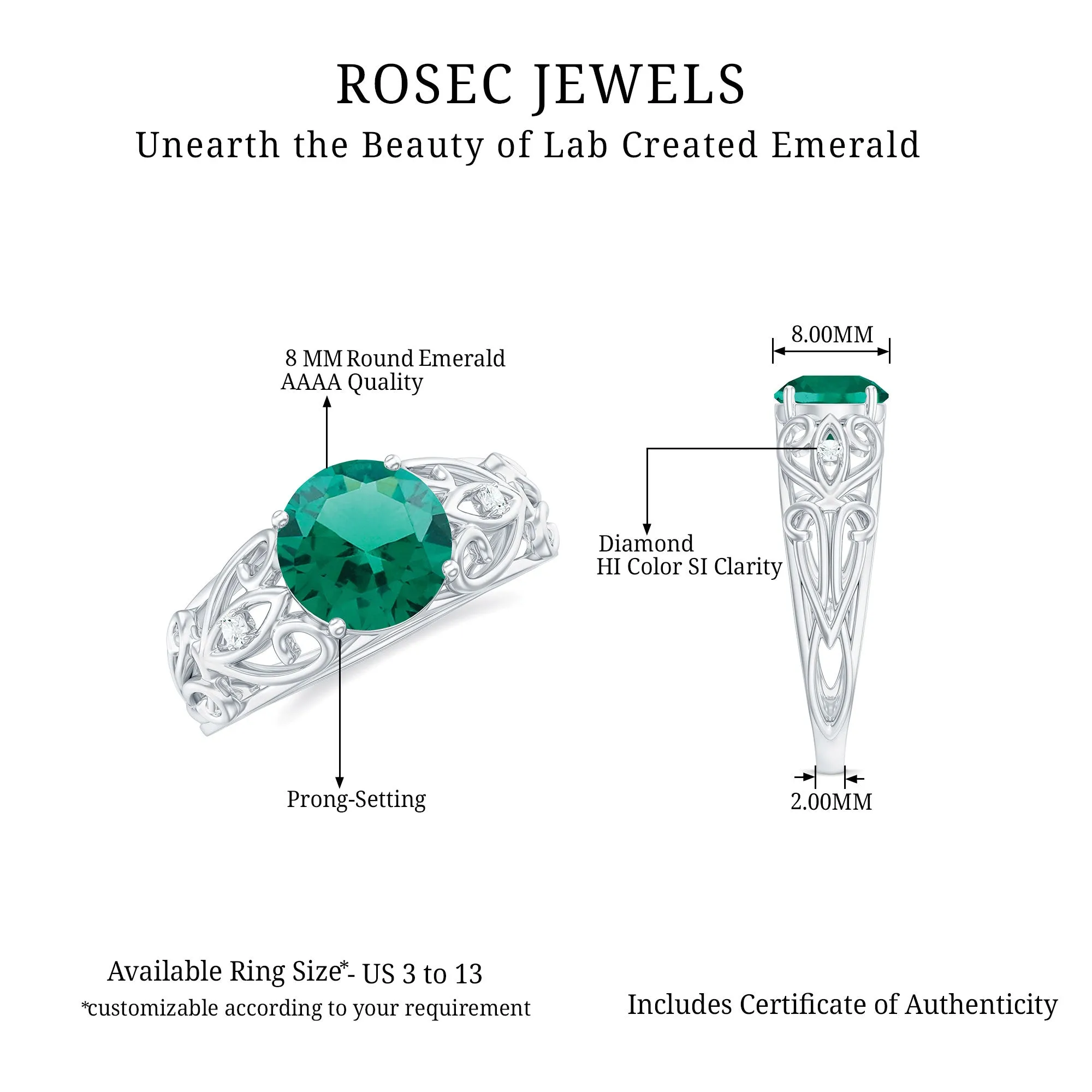 Antique Style Lab Grown Emerald and Diamond Solitaire Ring