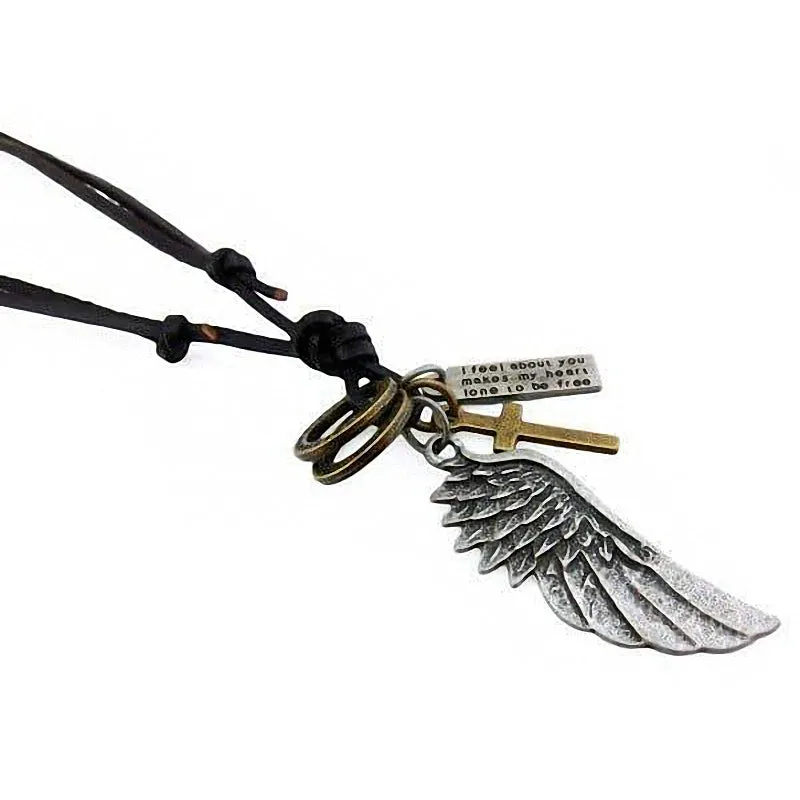 Antique Vintage Angel Wing Leather Necklace / Charms Pendants Jewelry