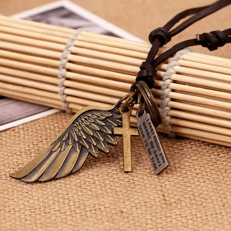 Antique Vintage Angel Wing Leather Necklace / Charms Pendants Jewelry