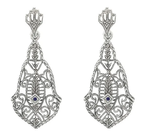 Art Deco Filigree Sapphires and Scrolls Dangling Earrings in Sterling Silver