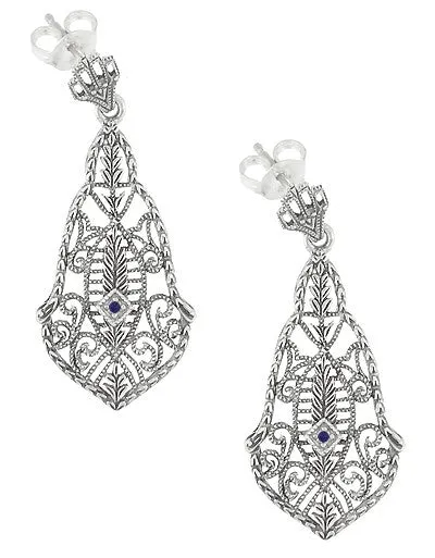 Art Deco Filigree Sapphires and Scrolls Dangling Earrings in Sterling Silver