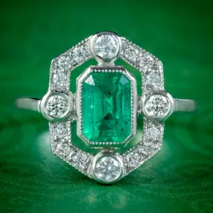 Art Deco Style Emerald Diamond Ring 1.20ct Emerald