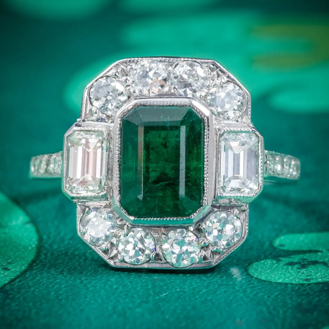 Art Deco Style Emerald Diamond Ring 18Ct White Gold 1.75Ct Emerald Cert